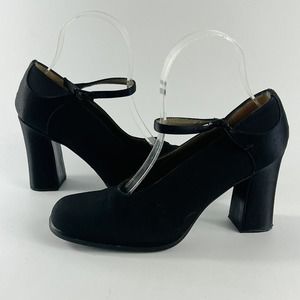 Yves Saint Laurent Vintage Black Satin Mary Jane Heels 7